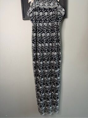 Vintage Floral Embroidered Black & White Maxi Dress with Double Spaghetti Straps